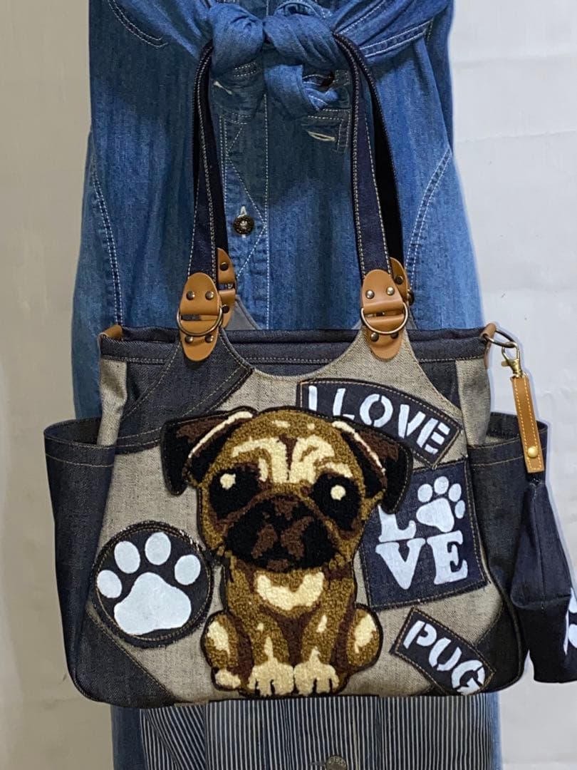 パグ☆岡山デニム☆特大ワッペン&ステンシル☆パグ☆4wayあおりバッグ