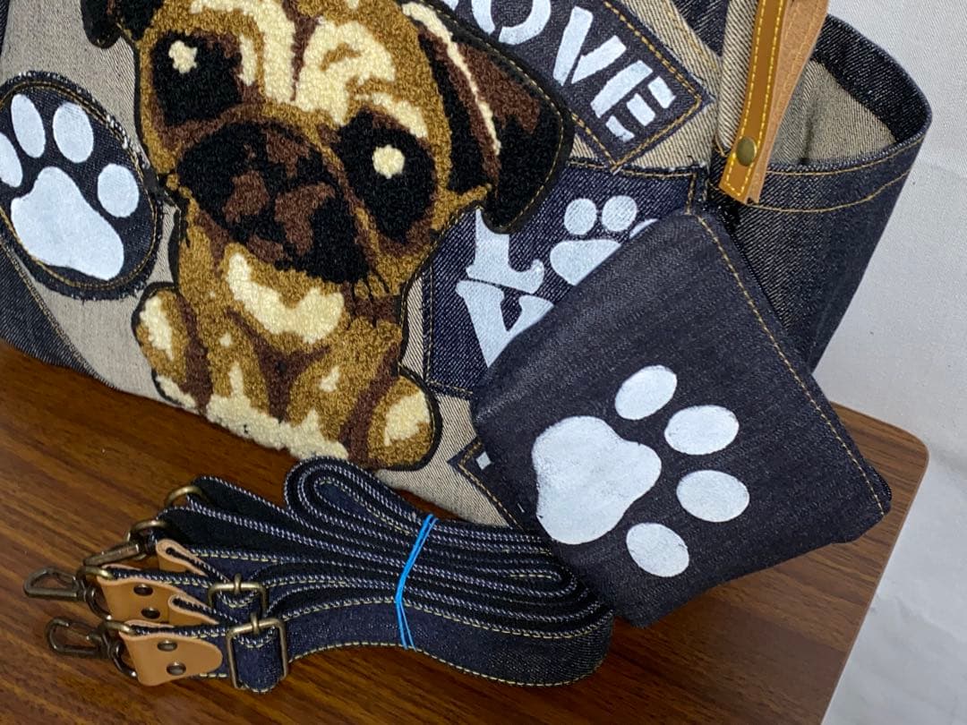 パグ☆岡山デニム☆特大ワッペン&ステンシル☆パグ☆4wayあおりバッグ