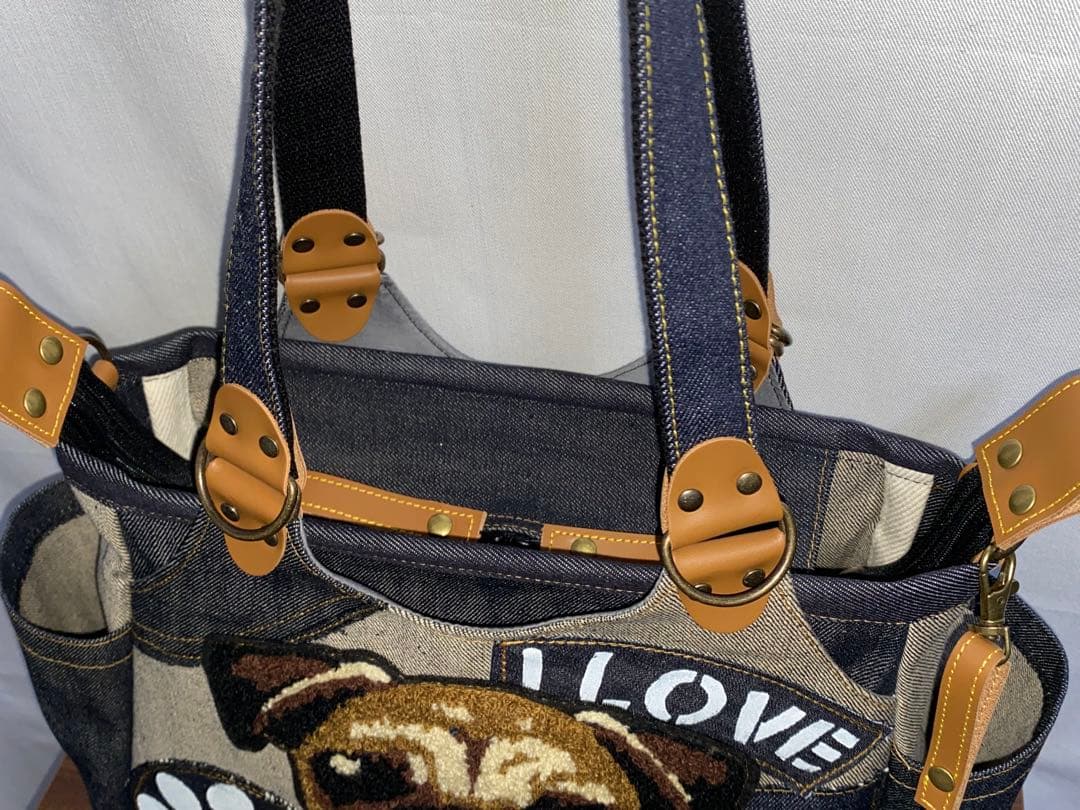 パグ☆岡山デニム☆特大ワッペン&ステンシル☆パグ☆4wayあおりバッグ