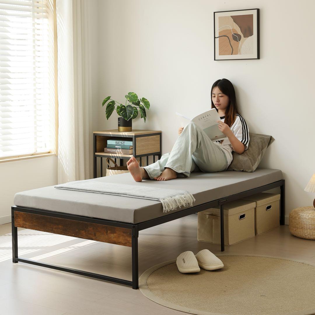 シングル ベッドフレーム パイプベッド 木製×アイアン 下収納 組立品