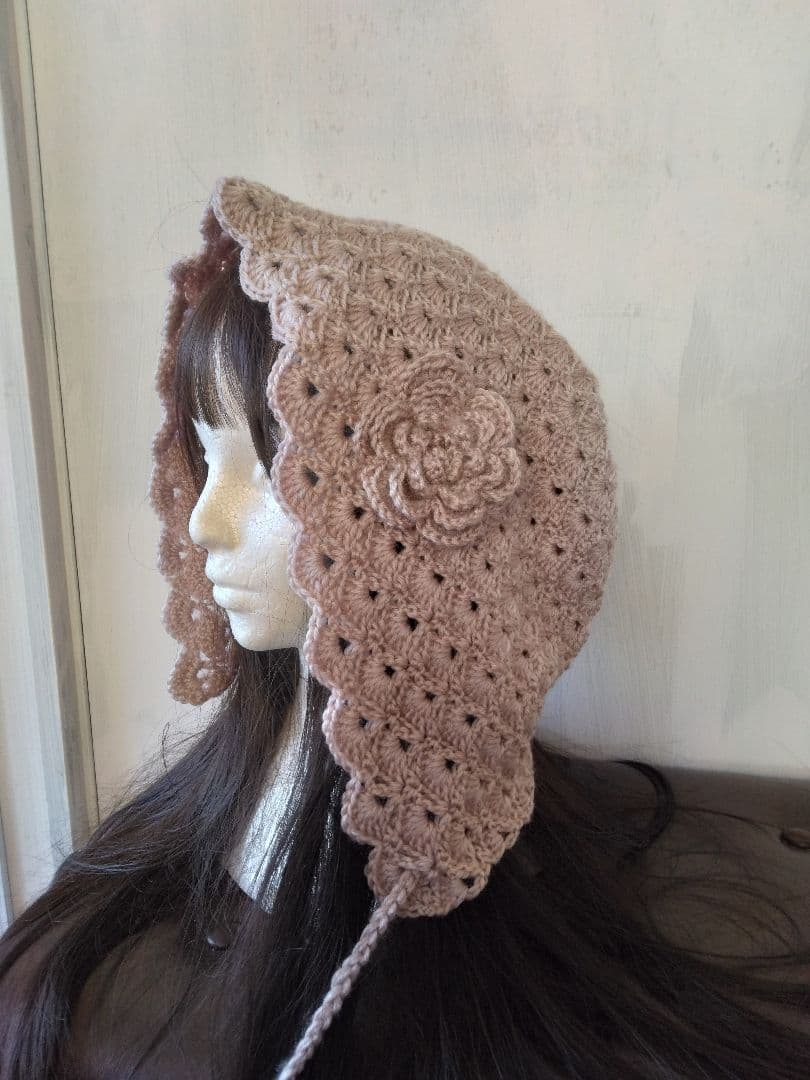 大きなお花つきグレーピンク？ボンネット風フード帽子アレンジ色々ハンドメイド