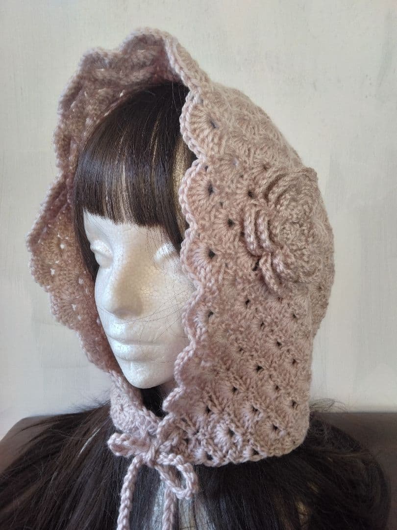 大きなお花つきグレーピンク？ボンネット風フード帽子アレンジ色々ハンドメイド