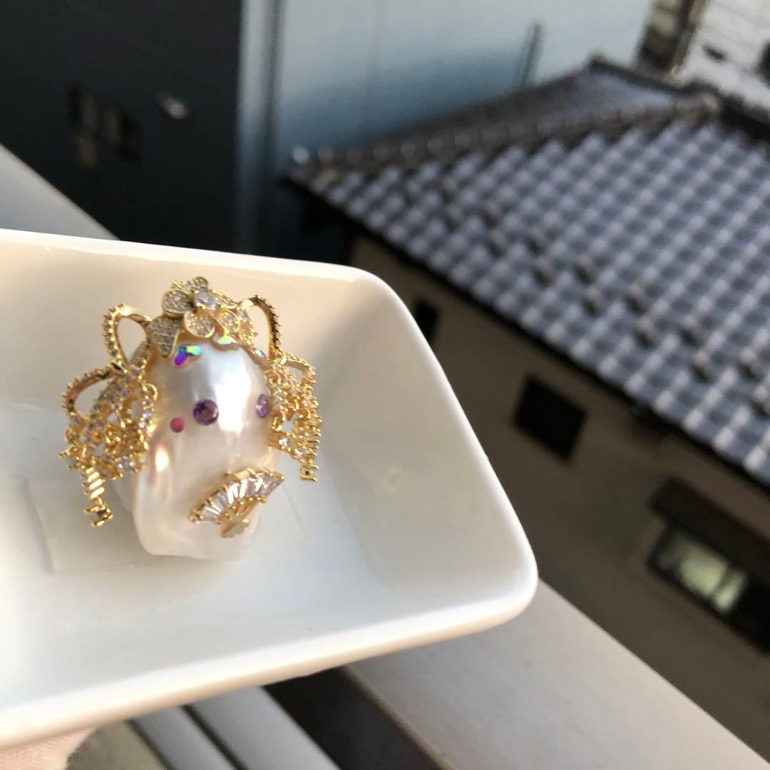 特大　白系虹色花妖精　本真珠淡水バロックパールネックレスペンダントトップ