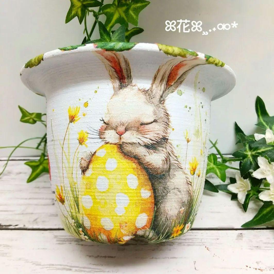 デコパージュ ꔛ‬ꕤ ガーデン雑貨♡リメ鉢4号♡うさぎ♡苺♡インテリア