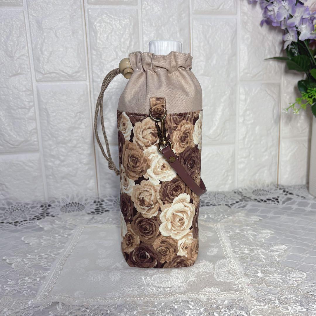 ペットボトルカバー　薔薇柄ブラウン系　本革持ち手　ハンドメイド