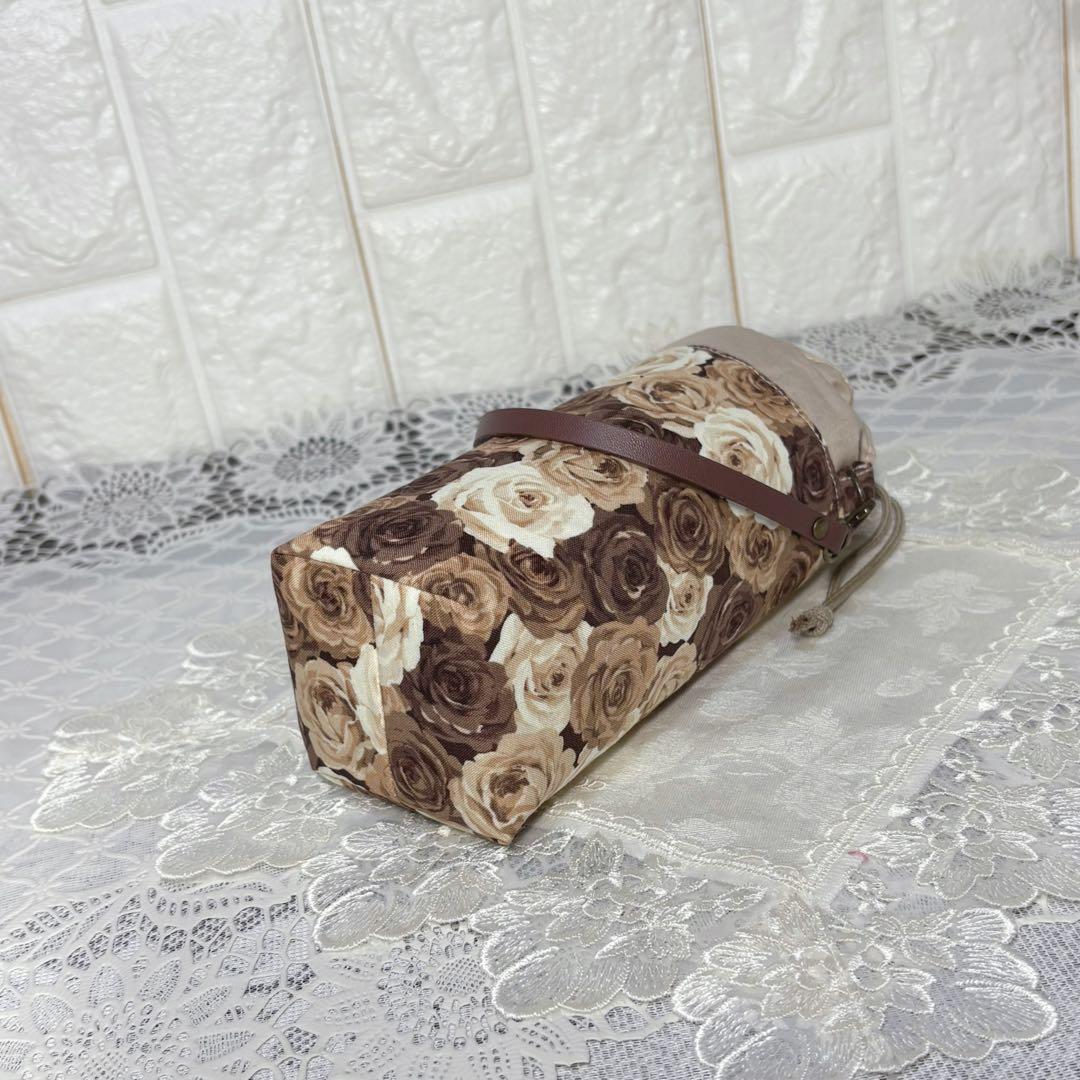ペットボトルカバー　薔薇柄ブラウン系　本革持ち手　ハンドメイド