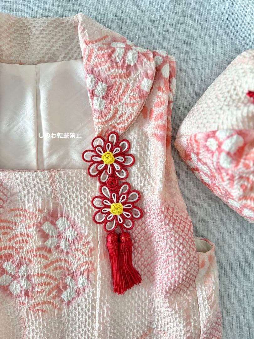 正絹総絞りお被布　巾着セット　亀甲 青海波に花丸紋模様 ベビーピンク×桃