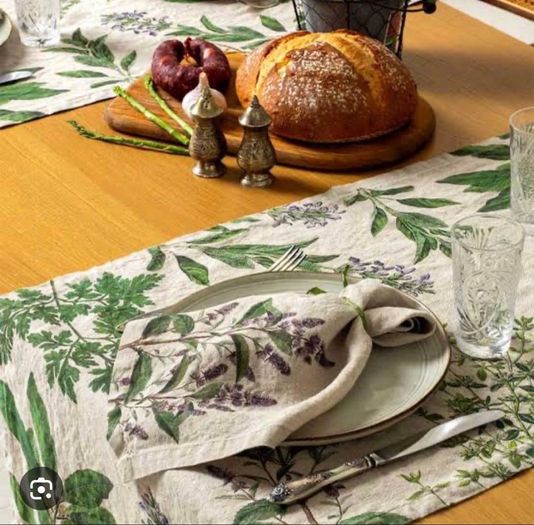 EU製 リネン テーブルランナー オリーブ柄 未使用 北欧風