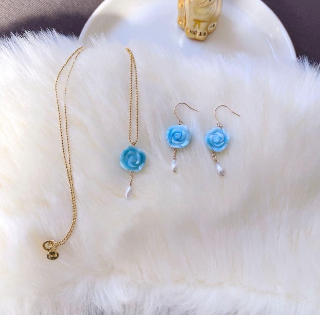 天然無処理ラリマー 薔薇彫刻 ネックレス＆ピアス オリジナルセット