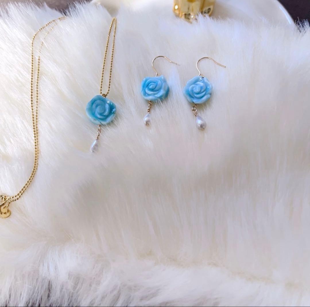 天然無処理ラリマー 薔薇彫刻 ネックレス＆ピアス オリジナルセット