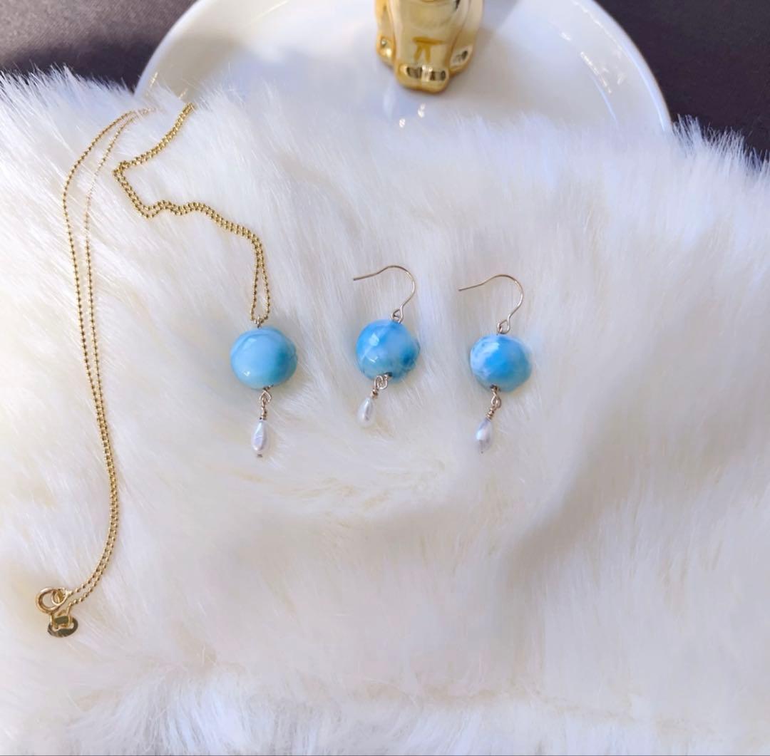 天然無処理ラリマー 薔薇彫刻 ネックレス＆ピアス オリジナルセット