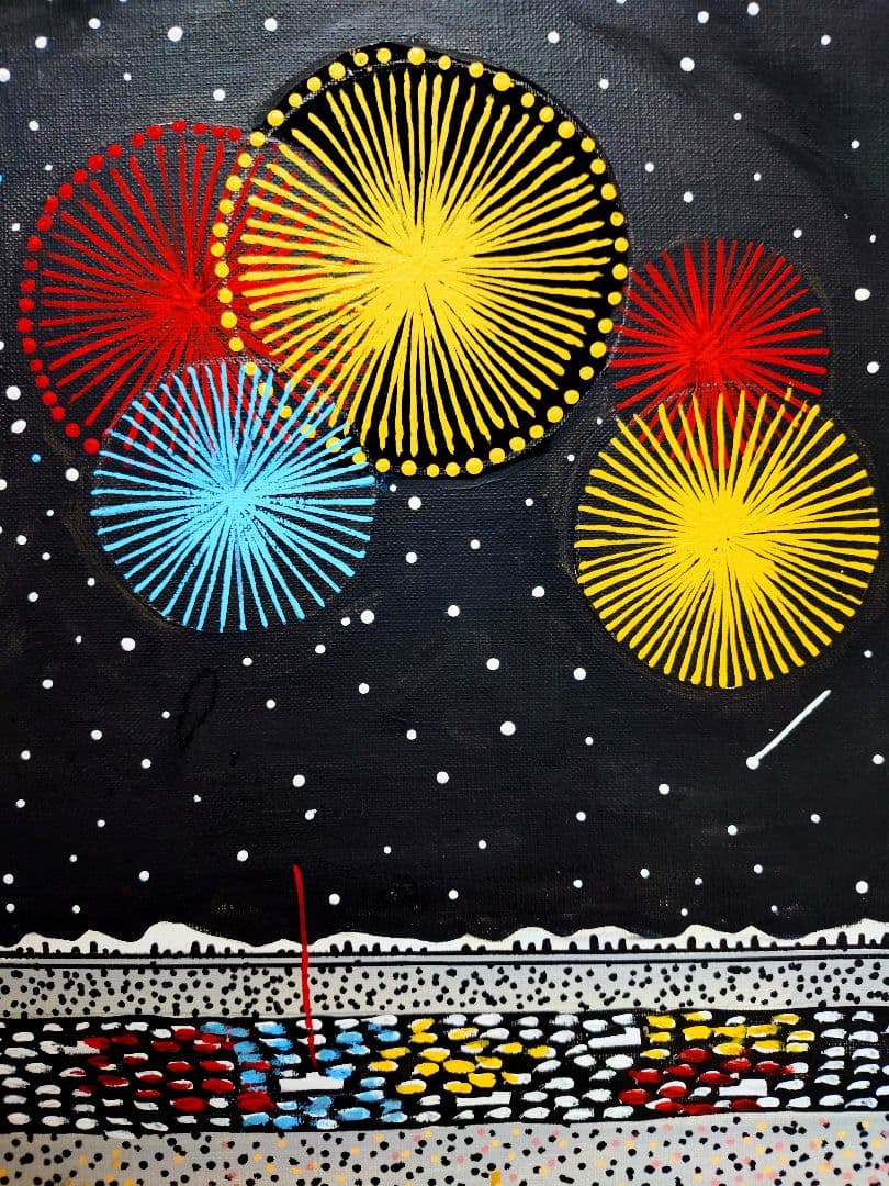 【F6号】山下清【長岡の花火】手描き/表裏サイン・共シール有り/油彩/油絵/額縁