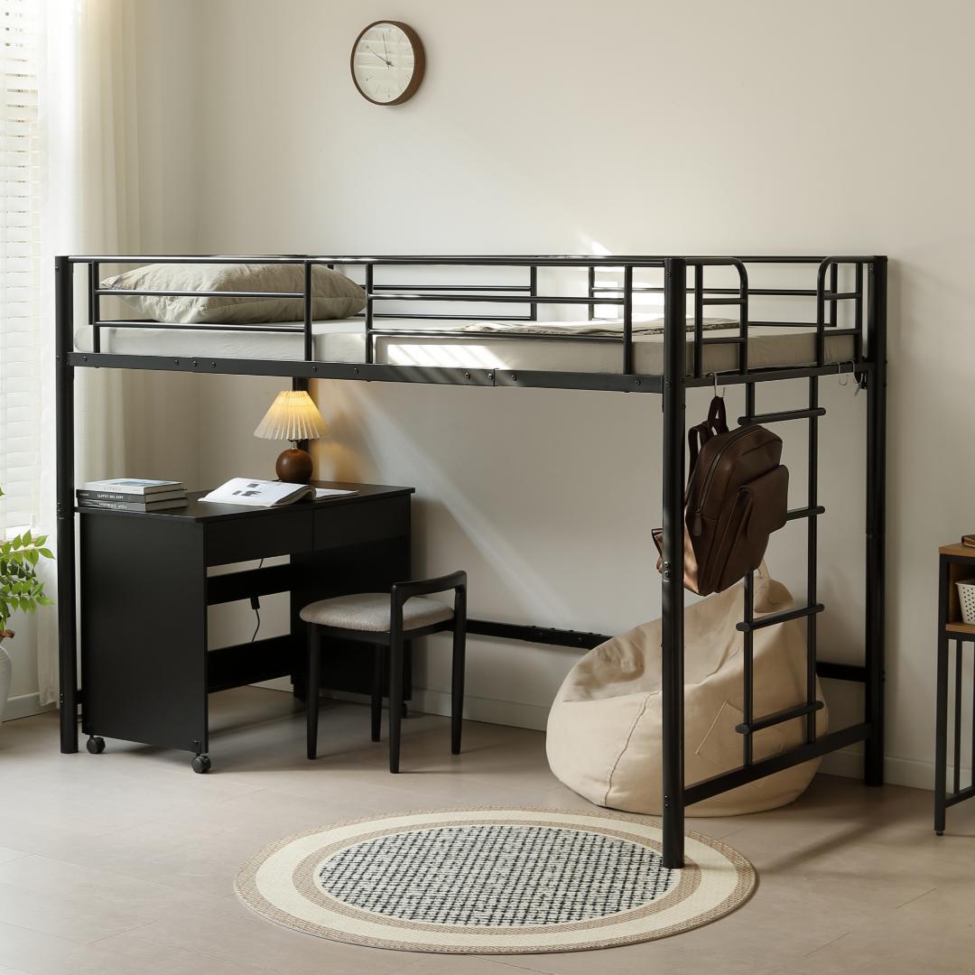 スチール製ロフトベッド【S·シングル】 高さ140cmロータイプ BLACK