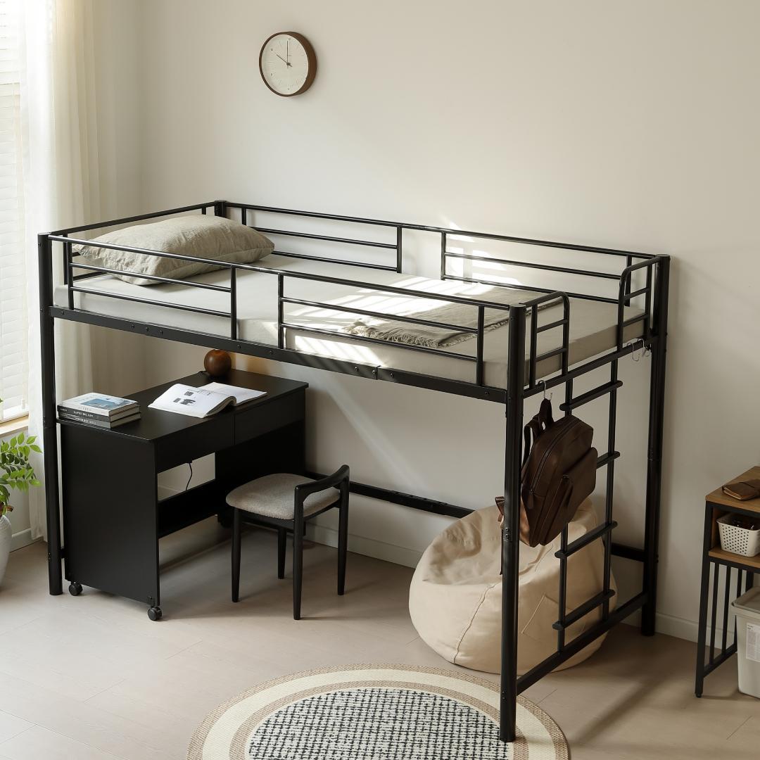 スチール製ロフトベッド【S·シングル】 高さ140cmロータイプ BLACK