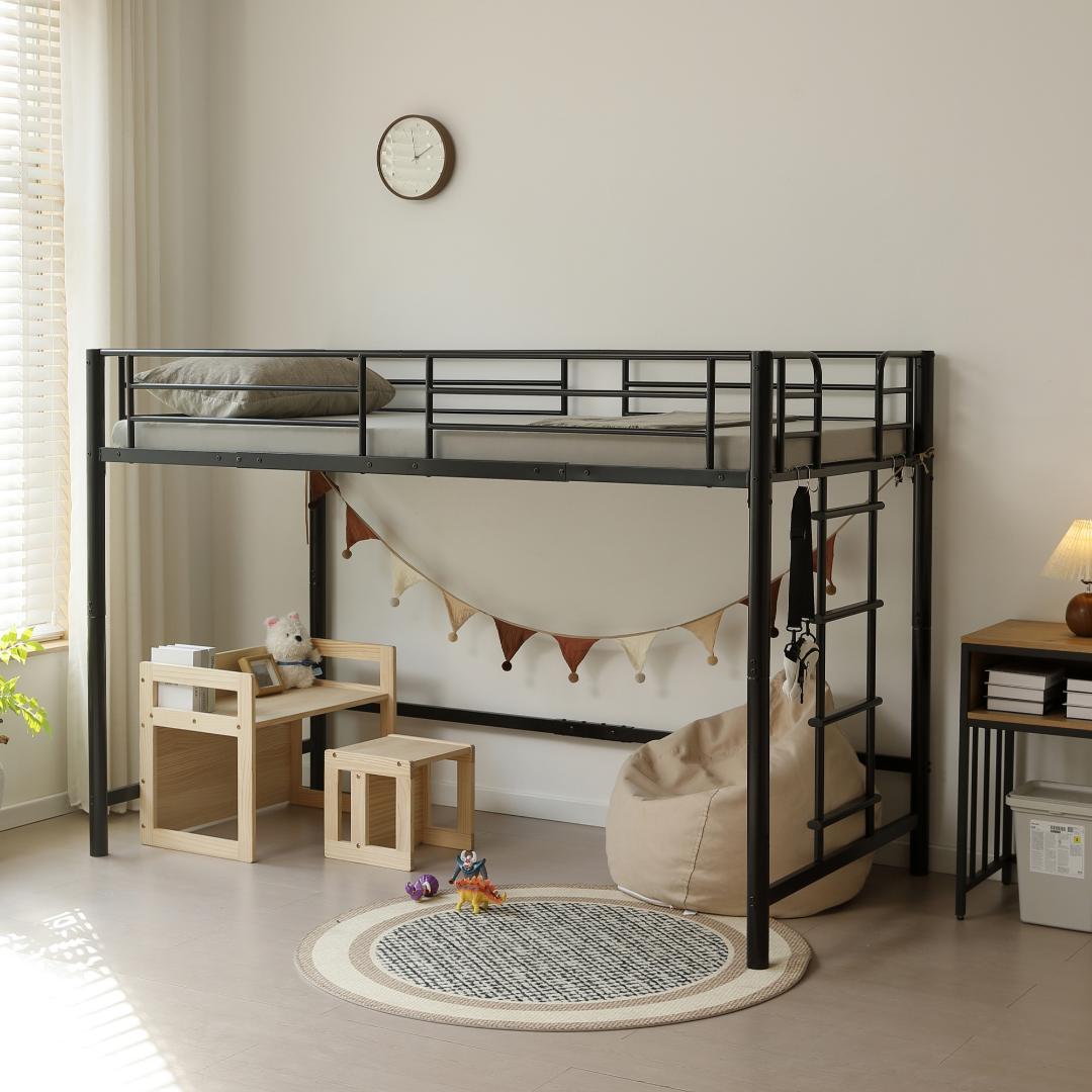 スチール製ロフトベッド【S·シングル】 高さ140cmロータイプ BLACK