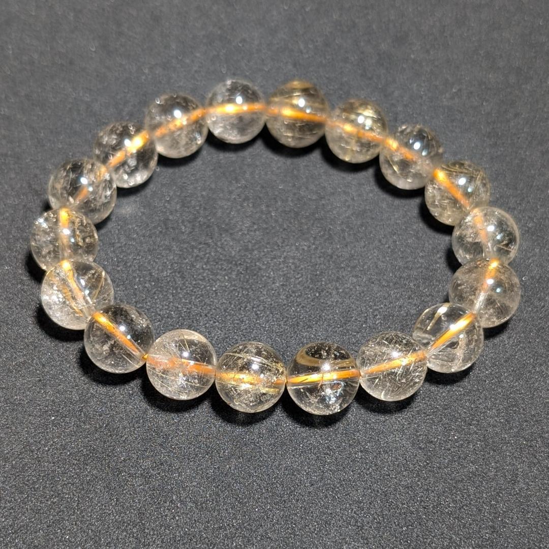 一点物 魅惑のオーラを放つ ゴールドルチルブレスレット 11ミリ 虹入り金針水晶
