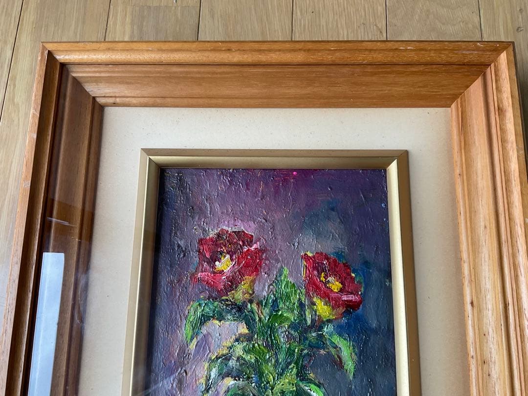 小原信夫　寒椿　赤い花の油彩画