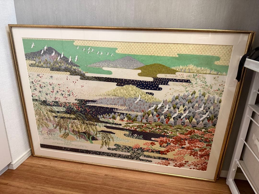 日本画 自然風景 鶴の描写 大きな作品　和紙