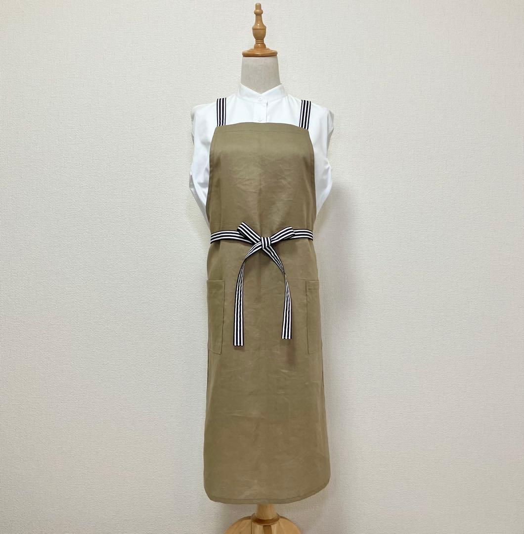 リネンエプロン　肩紐クロス《ブラウンベージュ×ストライプ》ハンドメイド