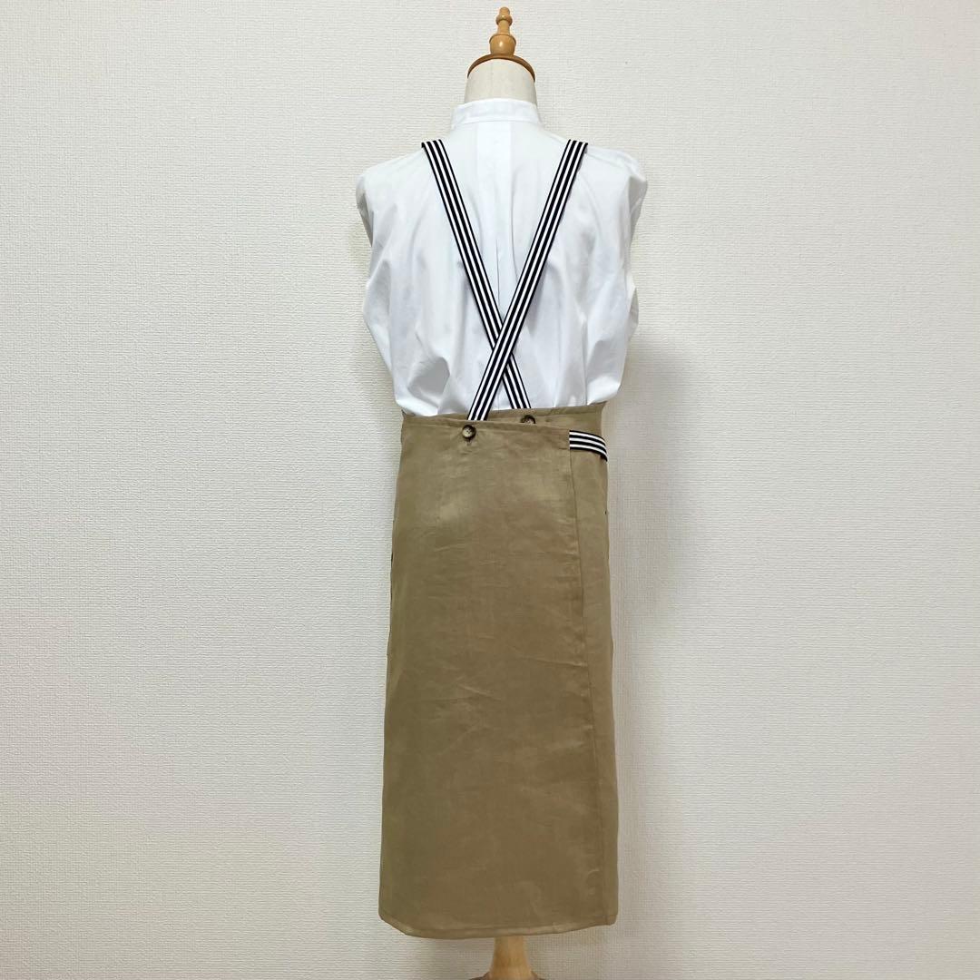 リネンエプロン　肩紐クロス《ブラウンベージュ×ストライプ》ハンドメイド