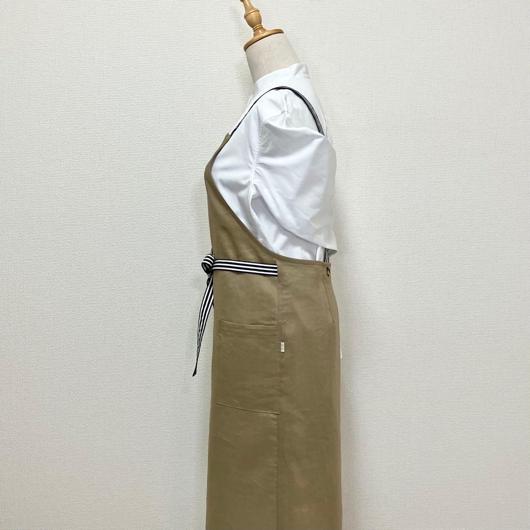 リネンエプロン　肩紐クロス《ブラウンベージュ×ストライプ》ハンドメイド