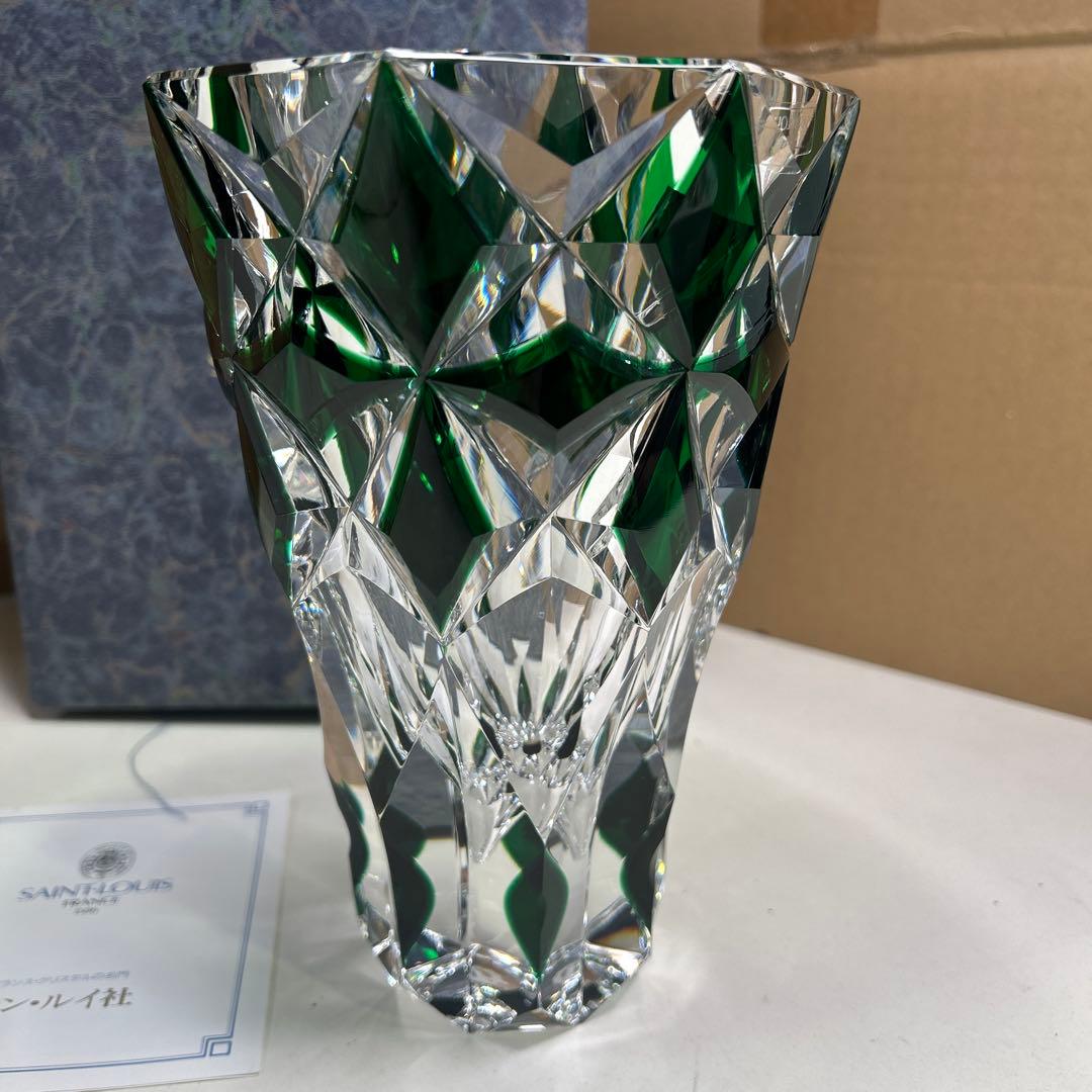 5593【未使用品】 サンルイ　クリスタル　フラワーベース　花瓶　グリーン