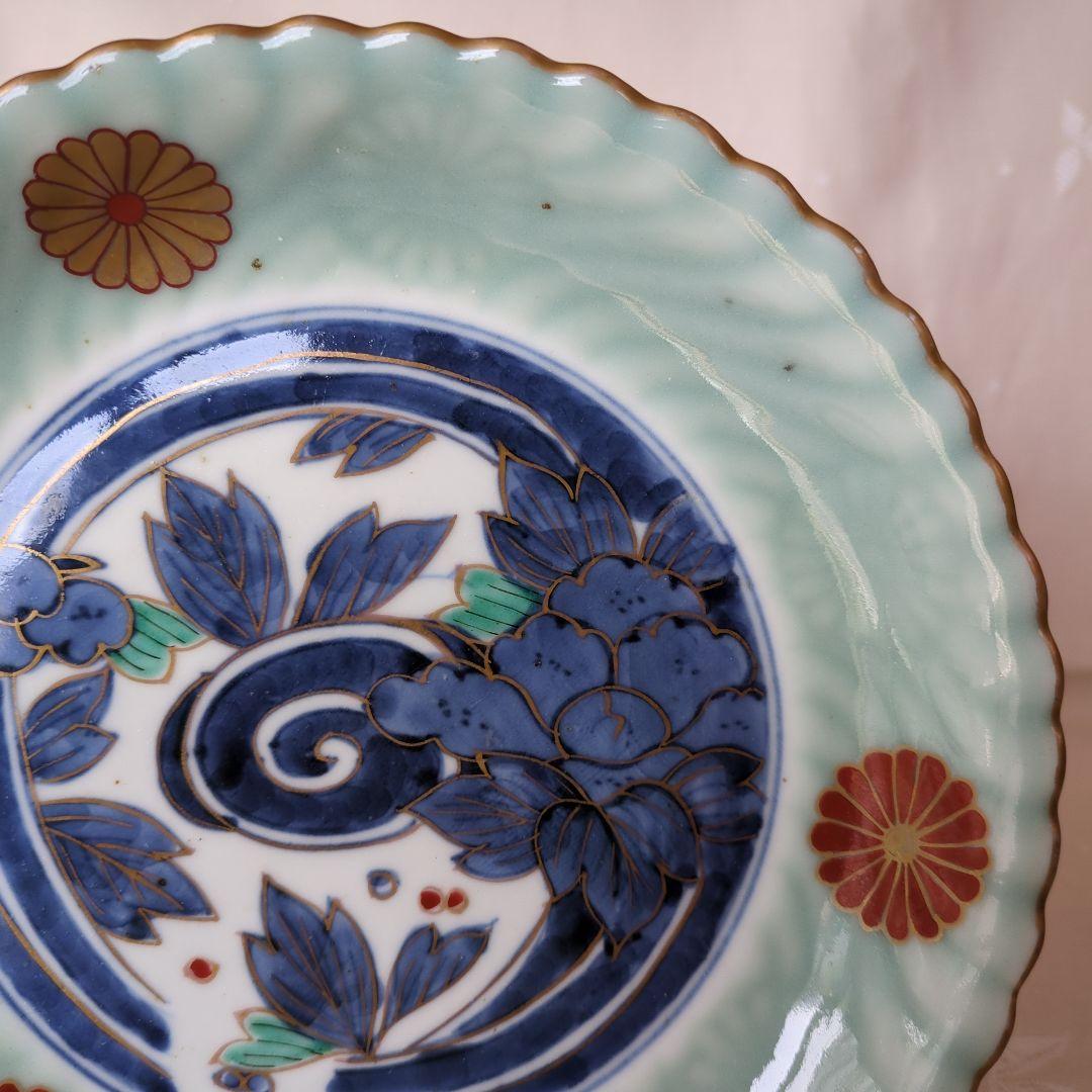 古伊万里 七寸皿 ② 色絵 青磁 菊文様 江戸期