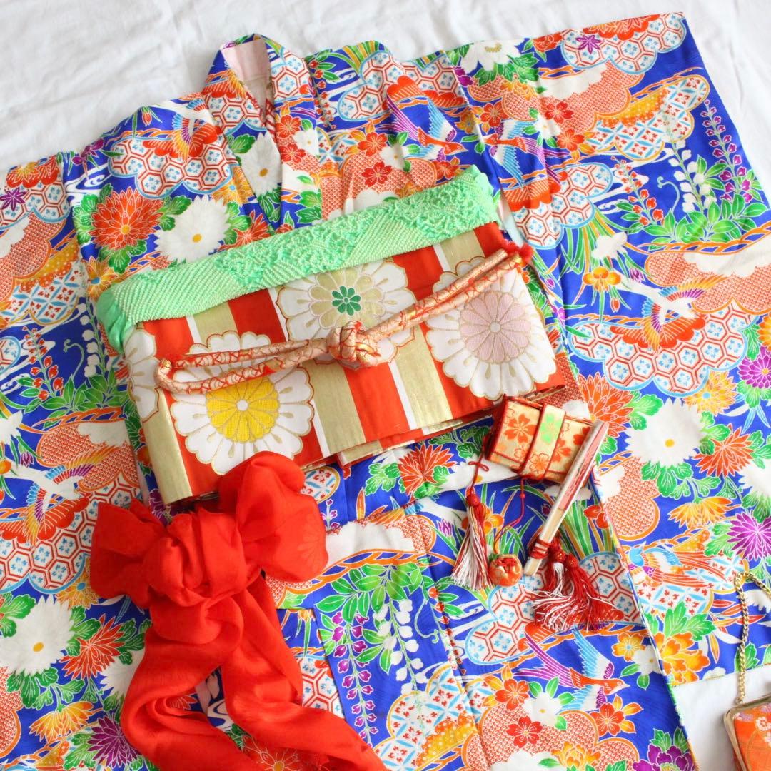 七五三 5歳 7歳 女の子 子供 青 着物 帯 セット