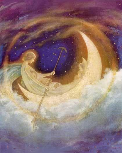 夢の国へ向かう月のボート ヴィンテージ ステンドグラス ヒュー・ウィリアムズ