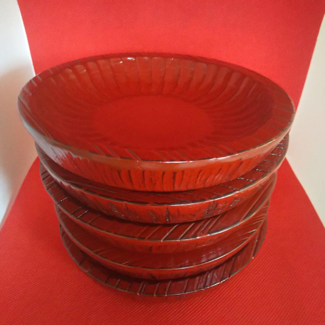 渕削り古代根来　茶托　５客