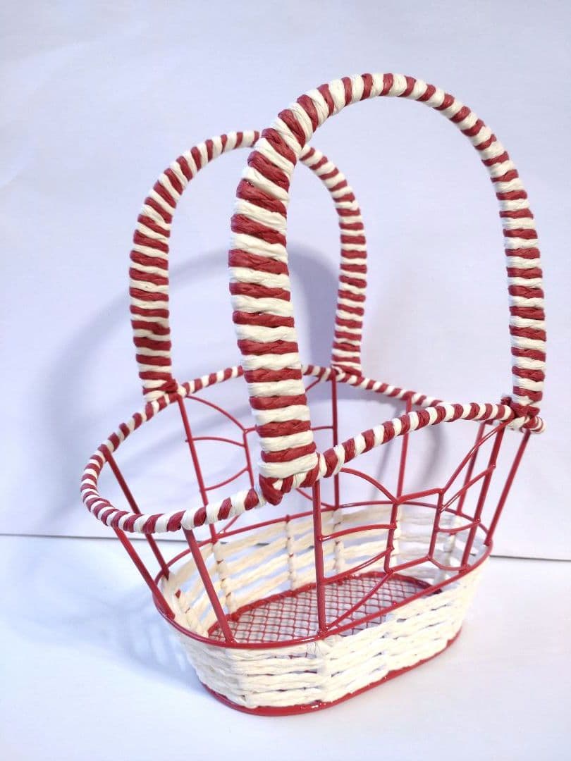 かご 籠 カゴ　赤×白 バスケット りぼん 小物入れ インテリア