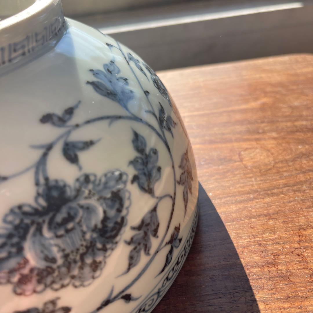 希少美品　明初期　染付青い花柄の陶器ボウル