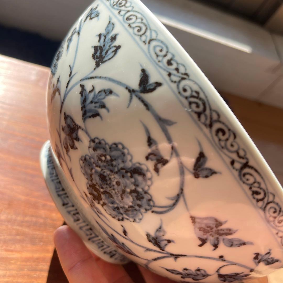 希少美品　明初期　染付青い花柄の陶器ボウル