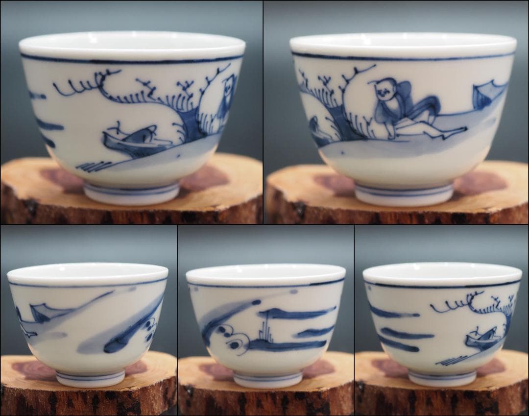 初代三浦竹泉 大明成化年製 染付 倣古漁樵問答図 煎茶碗5客 共箱