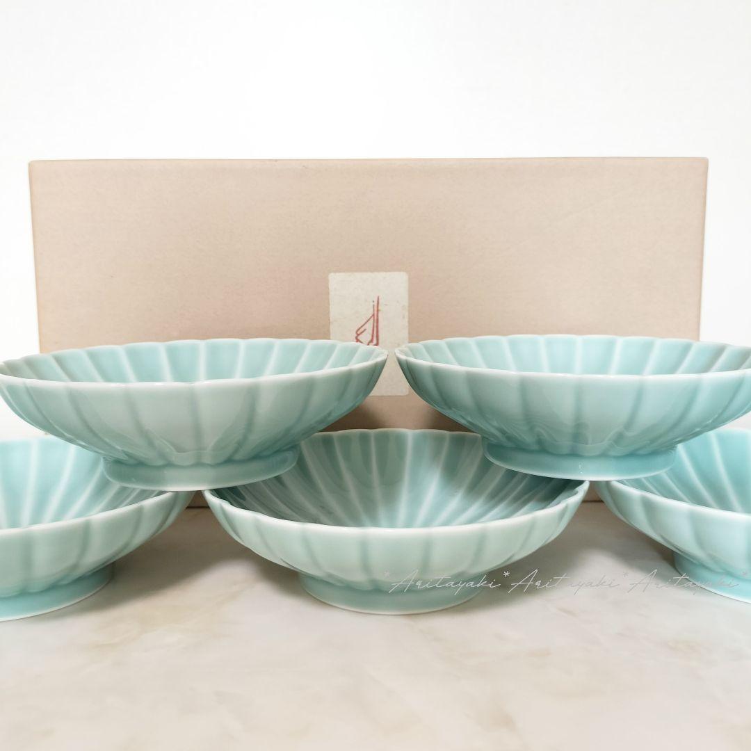 深川製磁 菊割小皿5枚セット 青磁 菊割小付揃 有田焼 菊型 小皿 和食器