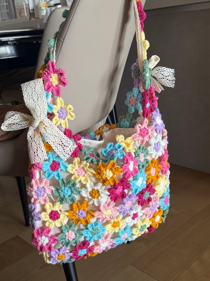 花柄手作り毛糸バッグ