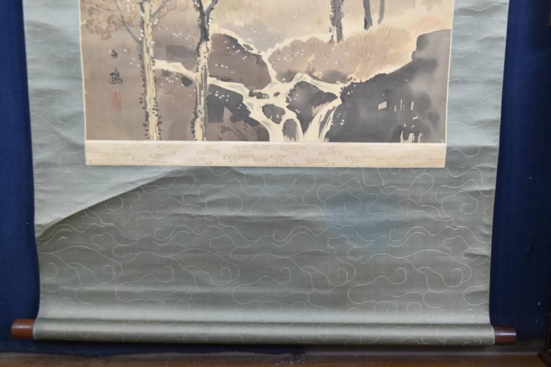 【真作】白鴎/秋景滝山水図/掛軸/名家伝来/AA-888