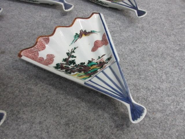 九谷焼角福印色絵山水図扇形皿5枚 [B26226]