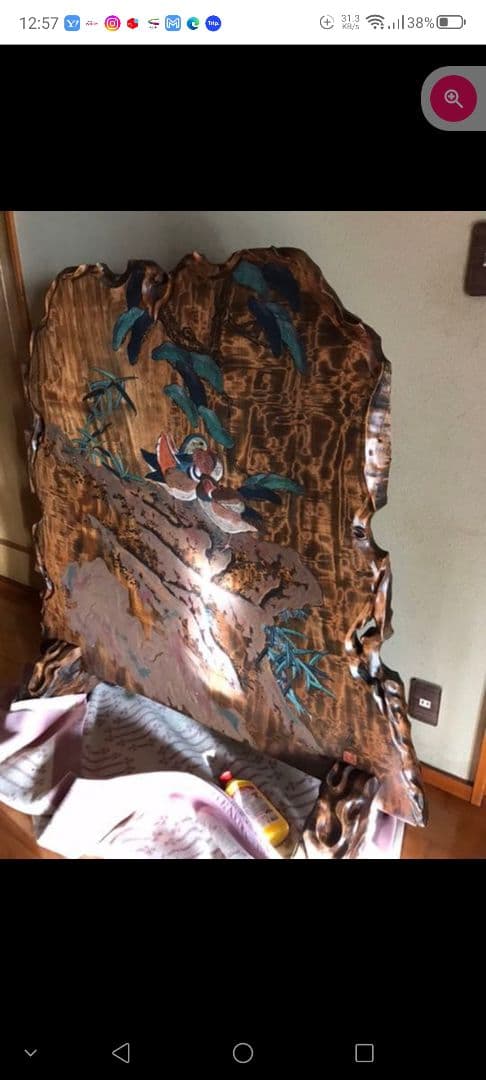 1枚板銘木衝立　鴛鴦、松、竹彫刻