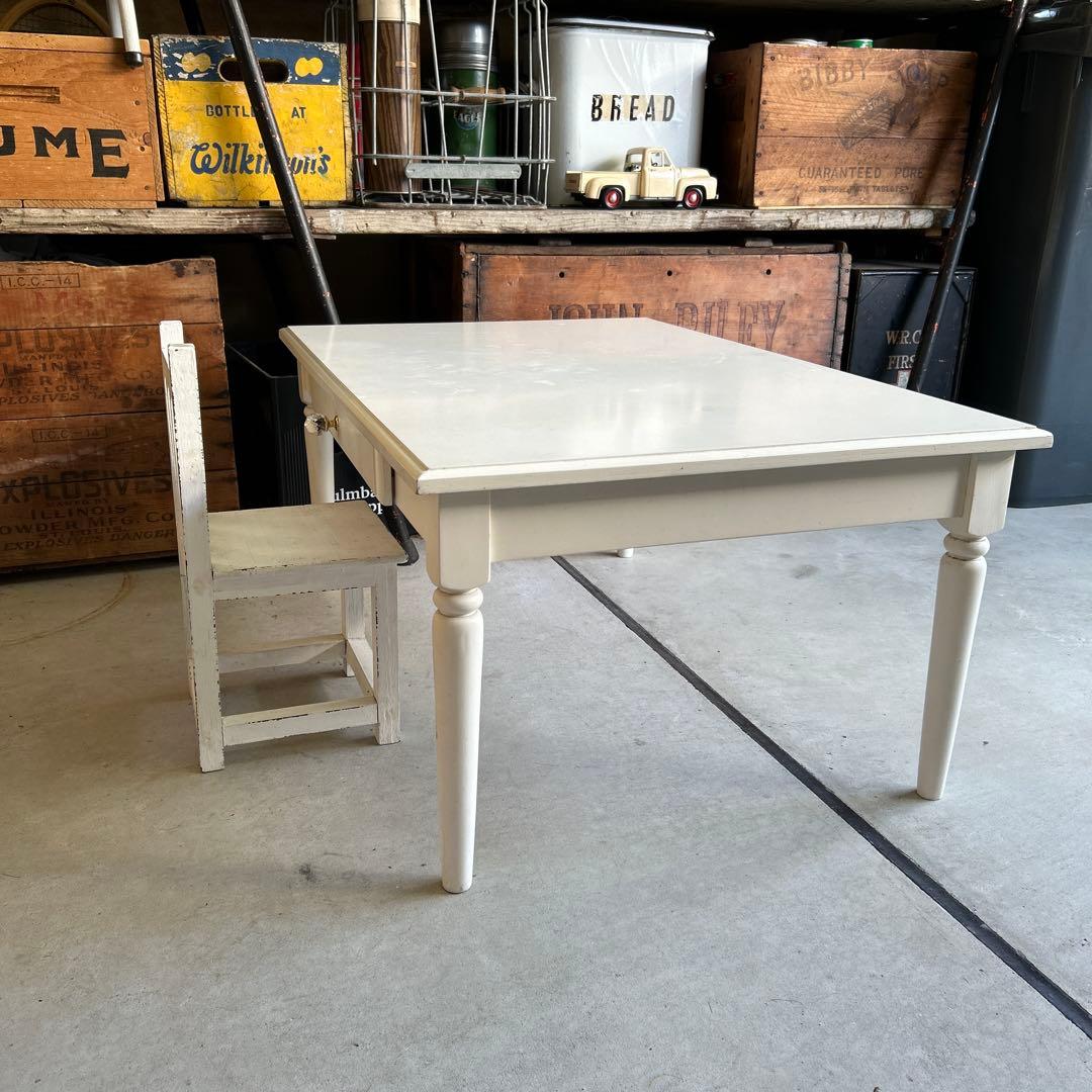 現行ビンテージ デスク & ミニ椅子 セット シャビー ホワイト ローテーブル