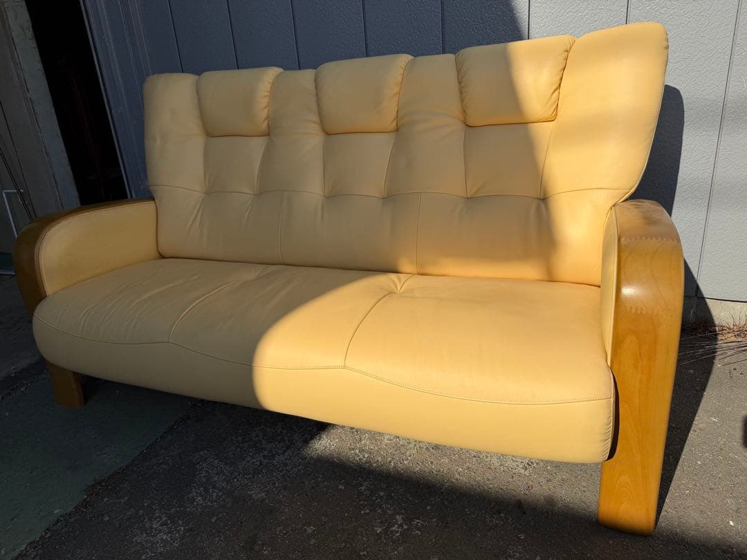 カリモク 本革 3P ソファ 3人掛け ハイバック 茨城県 引取可