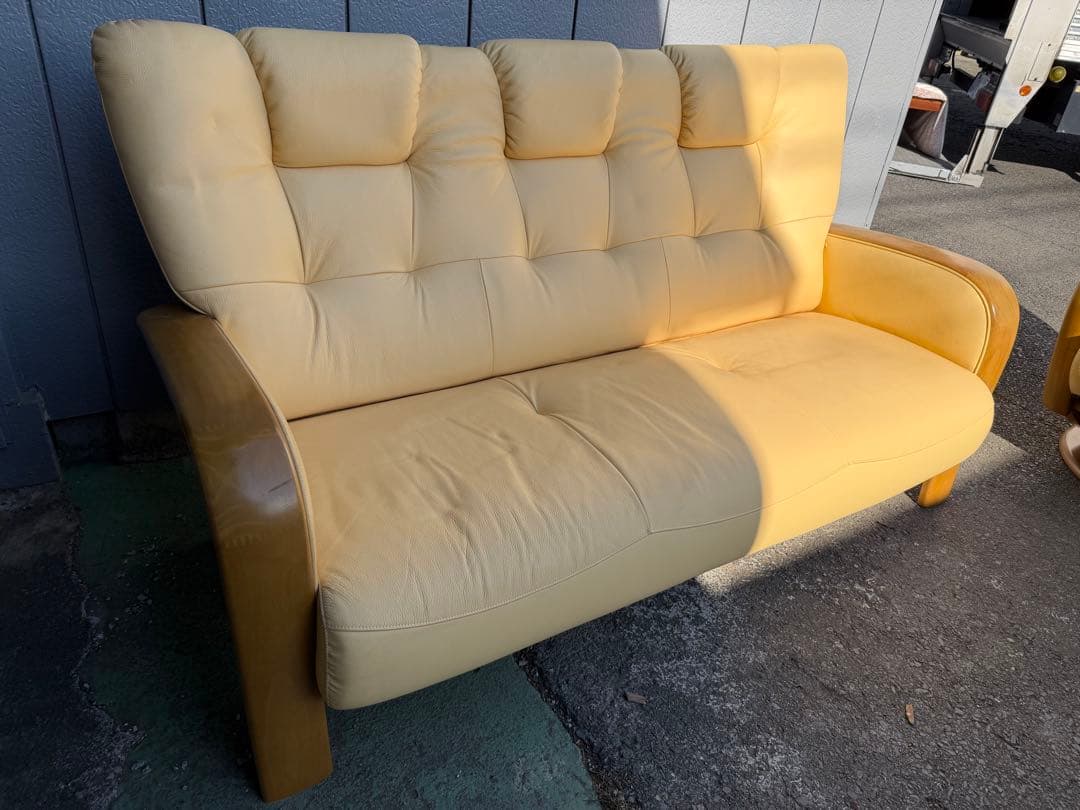 カリモク 本革 3P ソファ 3人掛け ハイバック 茨城県 引取可