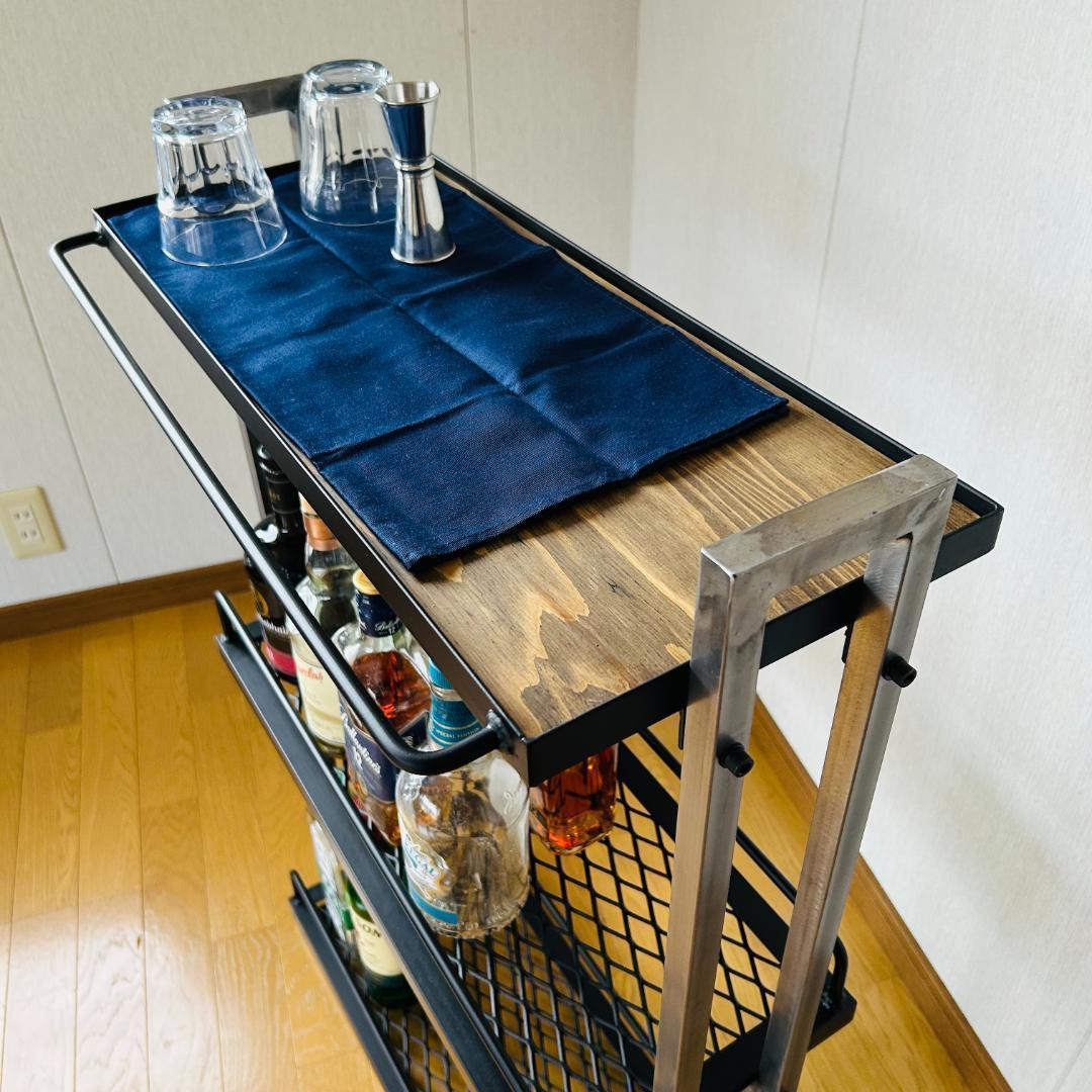 ウイスキーラック　スチールバーカート　3段　メッシュ棚　アイアン家具