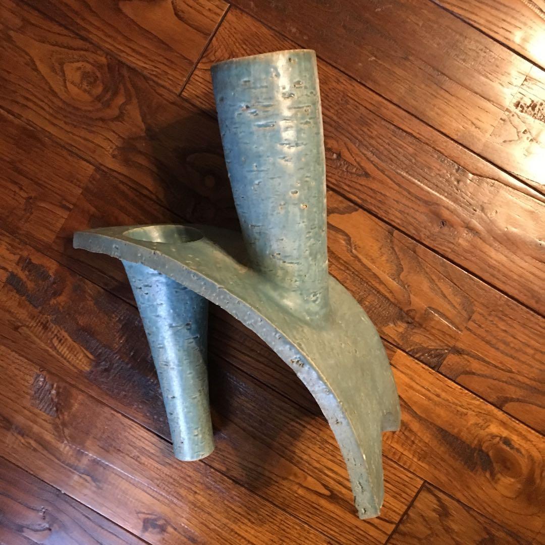 希少珍品！青緑 変形 花器 花入 花瓶 壺 飾壺 陶器 陶芸品 骨董品 古美術品