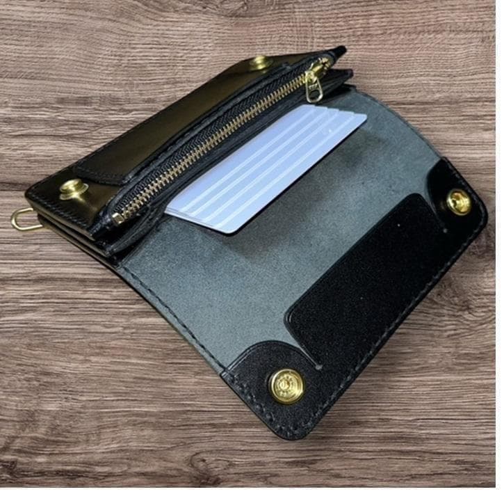 まお⑥ミドルトラッカーウォレット/栃木レザー黒色/ホック真鍮/小判カン真鍮