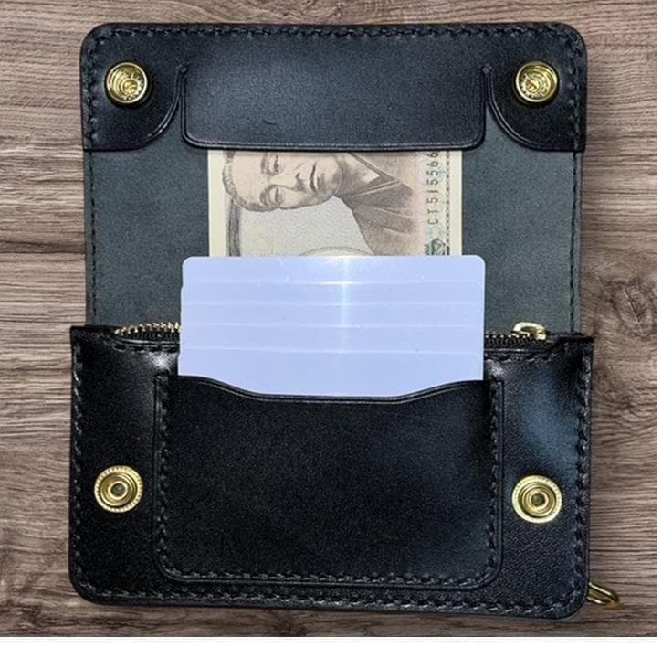 まお⑥ミドルトラッカーウォレット/栃木レザー黒色/ホック真鍮/小判カン真鍮