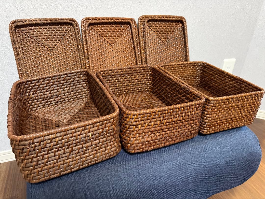 ニトリ　ラタン　バスケット　ブラウン　3個セット　収納　蓋あり　かご