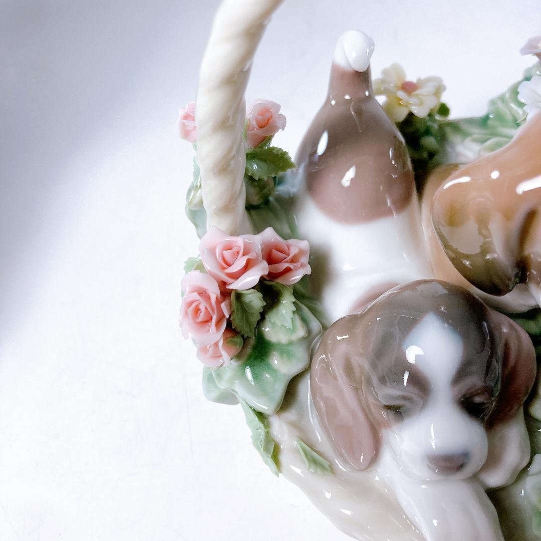 【絶版】リヤドロ 三つ子の子犬　　花・かご・子犬・犬・バスケット　|1506|