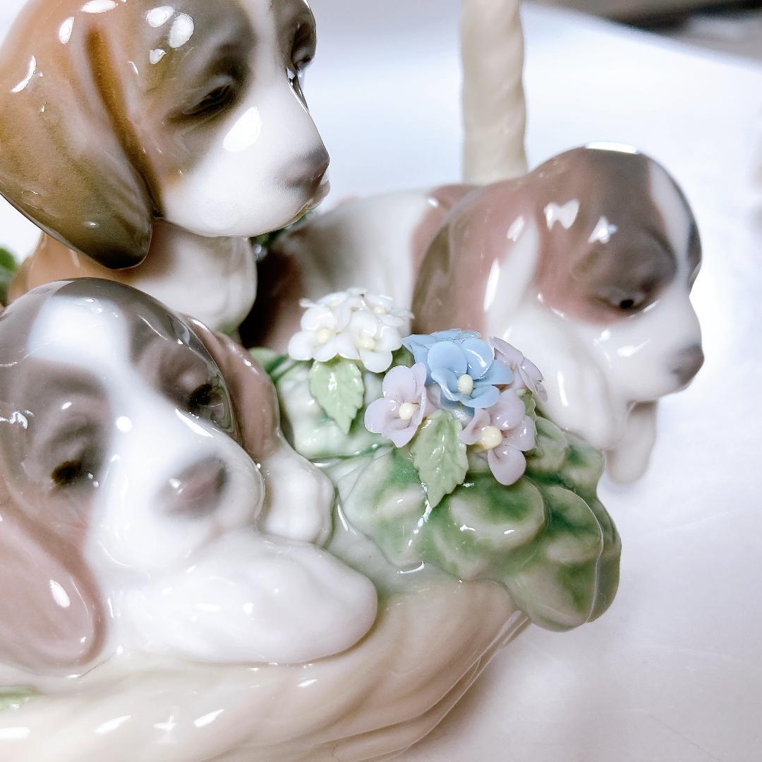 【絶版】リヤドロ 三つ子の子犬　　花・かご・子犬・犬・バスケット　|1506|