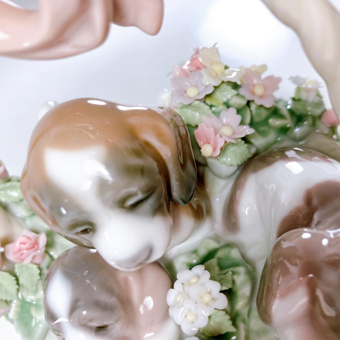 【絶版】リヤドロ 三つ子の子犬　　花・かご・子犬・犬・バスケット　|1506|